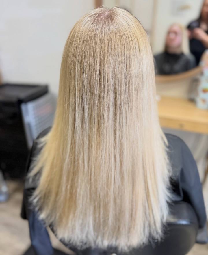 Long platinum blonde, silky and straight